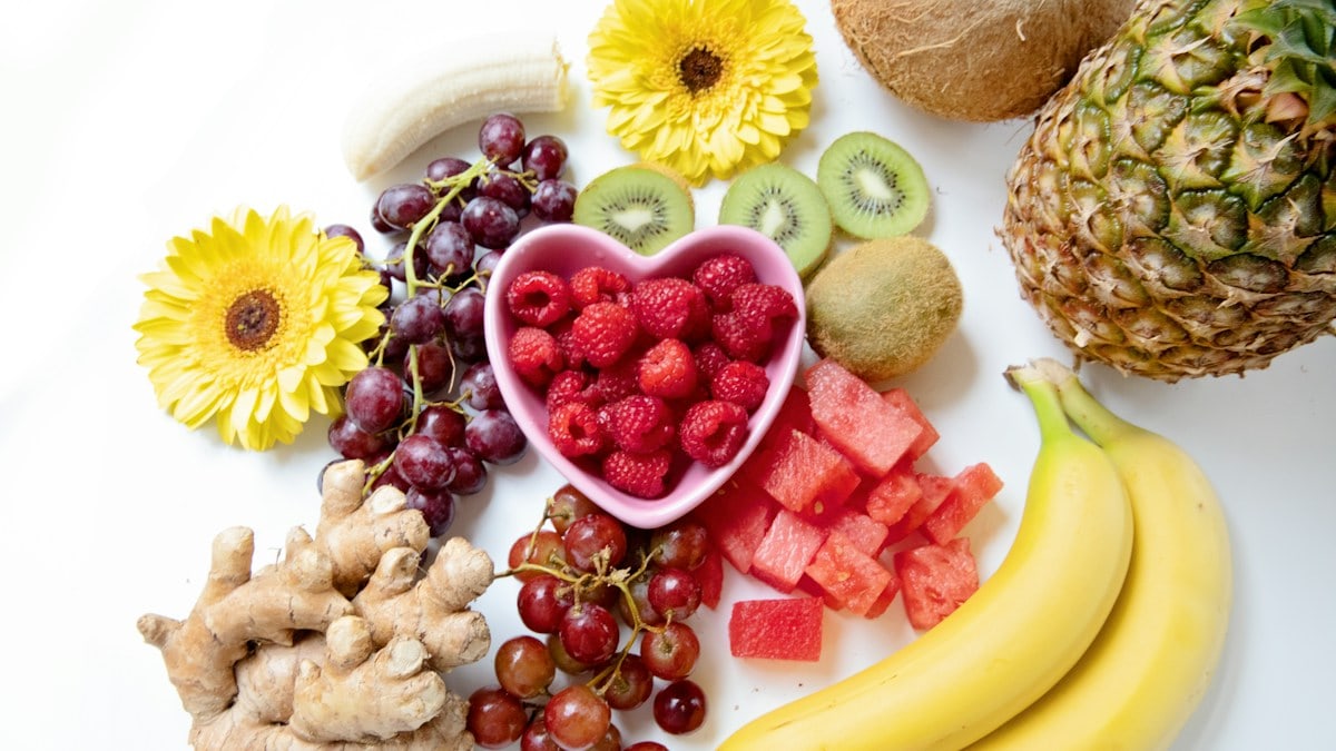 Fruit Raspberries Kiwi Watermelon Flowers Ginger Bananas Pineapple Flatlay